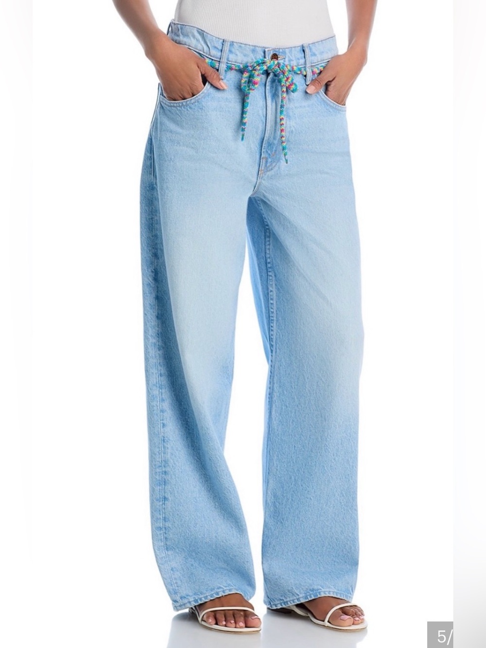 MOTHER Light Blue Wide Leg Jeans with Multicolor Tie